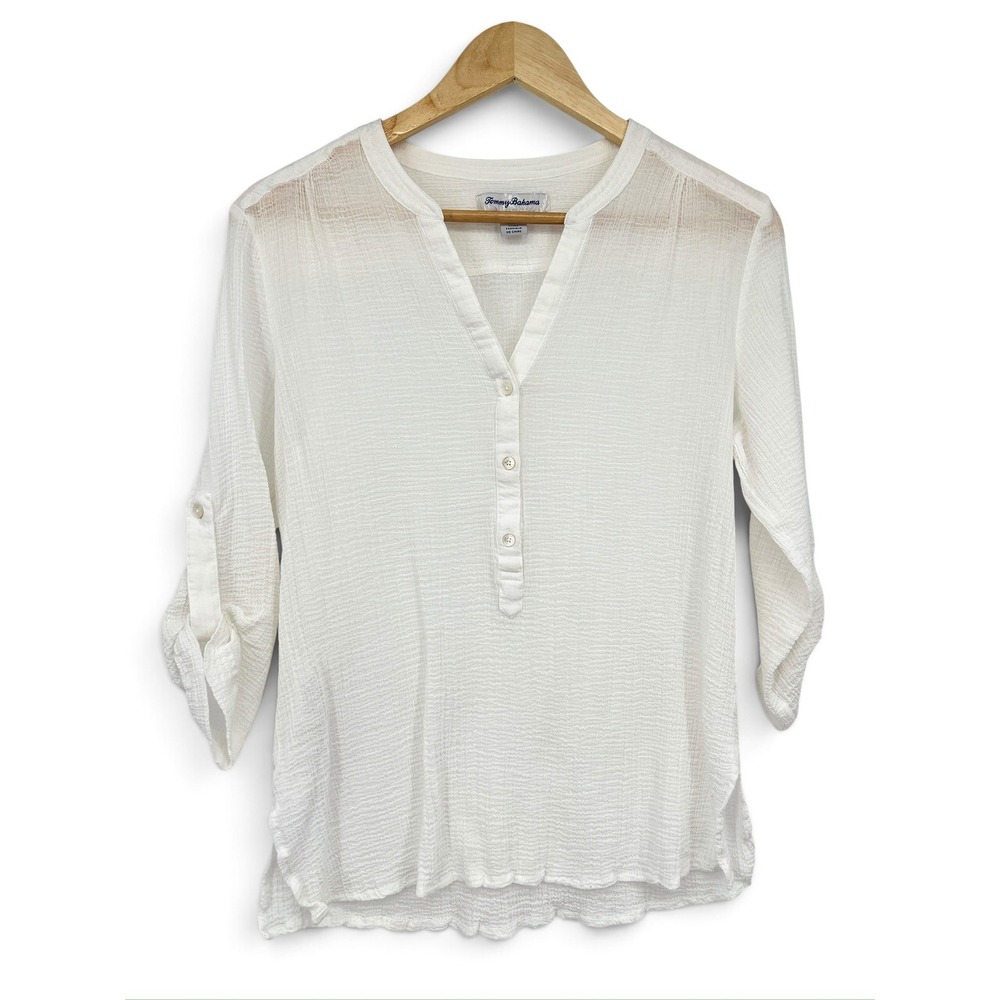 Tommy Bahama Womens White Gauze Henley Roll Tab Sleeve Blouse Top Small